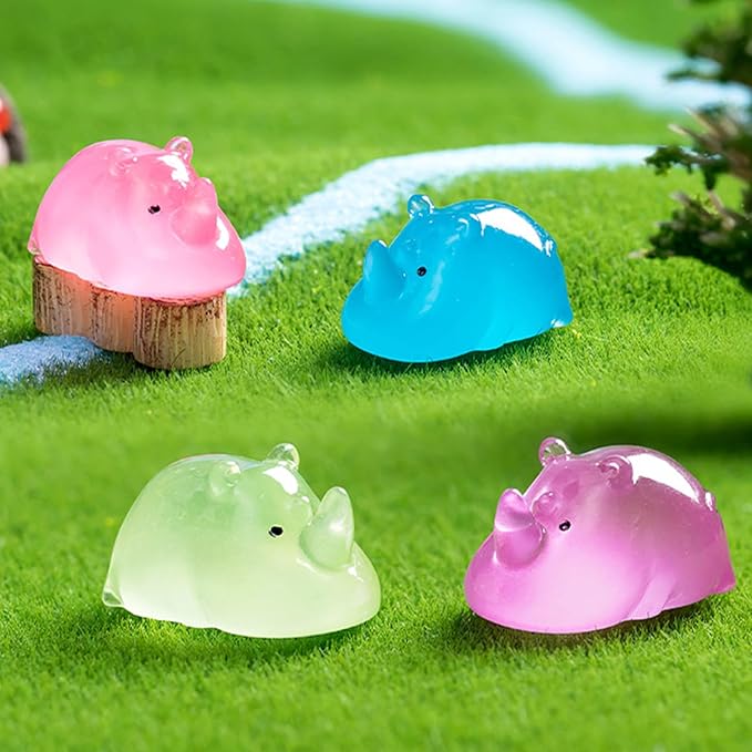 18 PCS Luminous Mini Rhino for Crafts Dollhouse Fairy Garden Decor Miniature Safari Animals Decor for Car Tiny Resin Animals for Micro Landscape Plant Pots