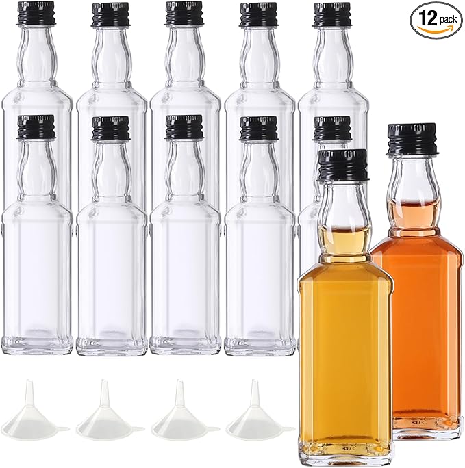 BPFY 12 Pack 1.5oz Hot Sauce Bottles, Mini Glass Liquor Bottle With Lids for Sauce, Wine, Alcohol, Vodka, Whiskey (1.5oz)