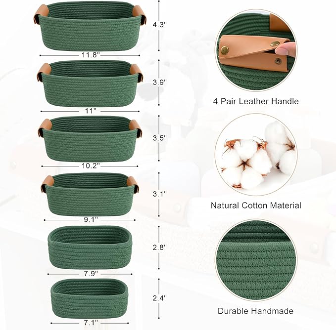 Storage Baskets for Organizing, Small Woven Basket Set of 6-4 Shelf Basket with Leather Handle and 2 Small Gift Baskets, Cotton Rope Basket for Shelves, Nursery, Dog Toy, Bathroom