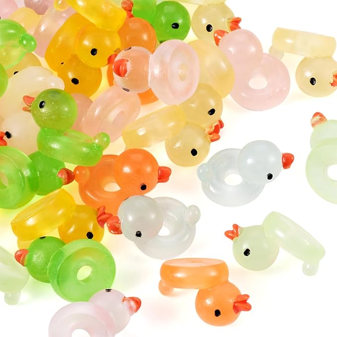 Beadthoven 50pcs Glow in The Dark Duck Beads Resin Large Hole European Beads Luminous Tiny Duck Animals Figures for Bracelet Necklace Keychain Crafts Jewelry Making Supplies