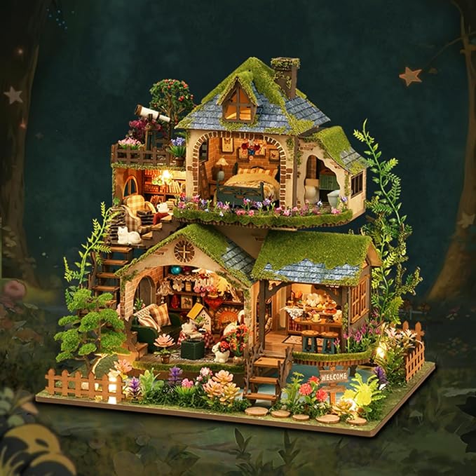DIY Miniature House Kit - Mini House Building Kit for Adults to Build, Wooden Miniature Dollhouse Kit with LED Light, Tiny Model Adult Crafts Doll House Miniature Kit, Unique Gift, Forest Adventure