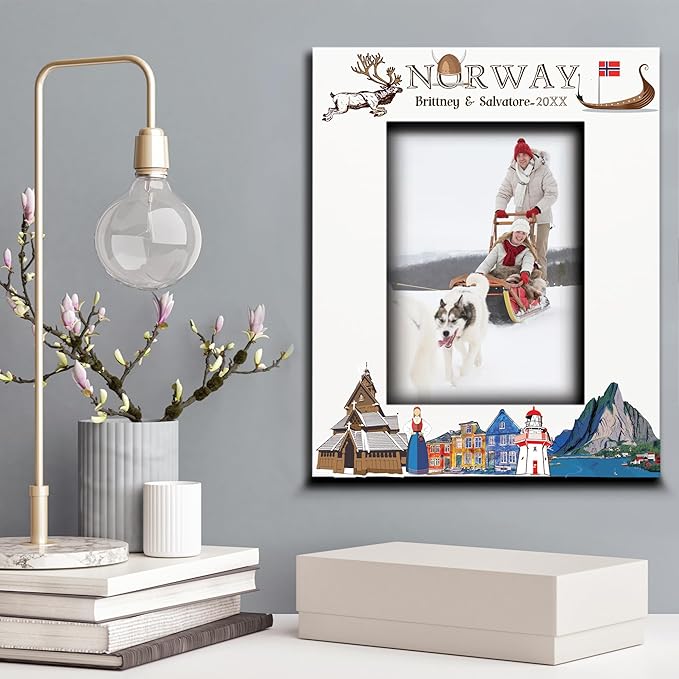 BELLA BUSTA-Personalized Europe Travel Picture Frame– Custom Print Photo Frame with City & Country-Honeymoon, Vacation, Adventure, Favor Keepsake (Norway (5x7 Vertical))