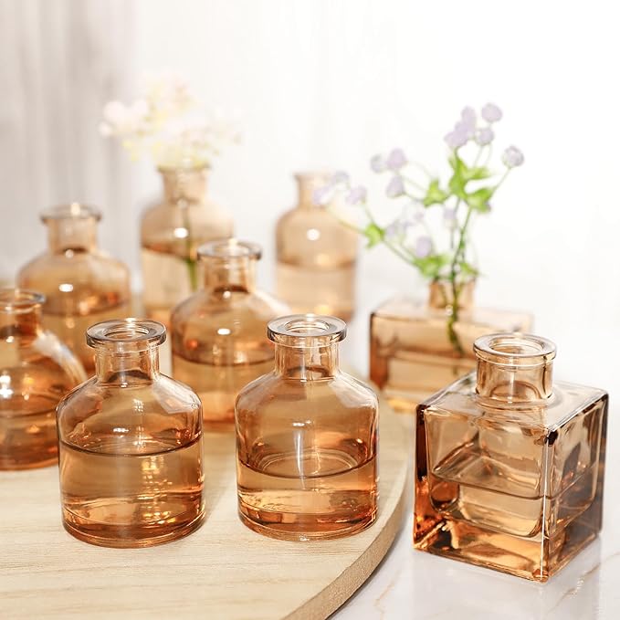 Small Mini Flower Vases - Set of 20 Amber Glass Bud Vases - Vintage Rustic Centerpieces for Weddings, Events & Home Décor - Premium Quality, Timeless Designs