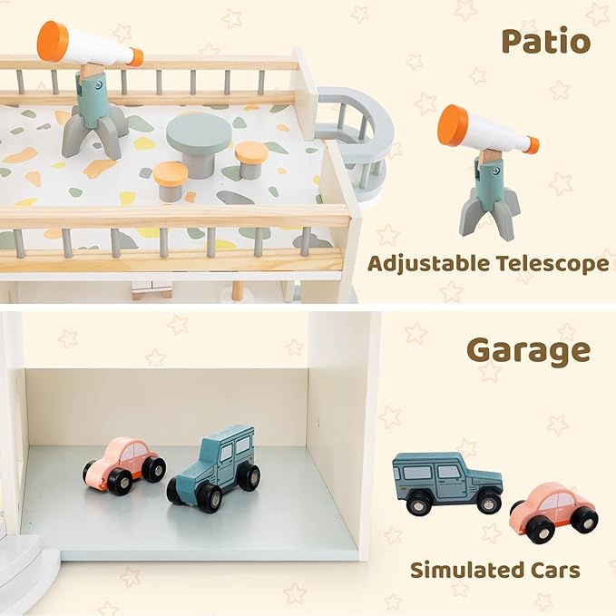 Costzon Wooden Dollhouse for Kids, DIY Pretend Dollhouse Playset w/ 41 Pieces of Furniture & Accessories, 7 Rooms, Balcony Patio & Garage, Corner 3-Story Luxury Doll House, Gift for Kids 3+ Years