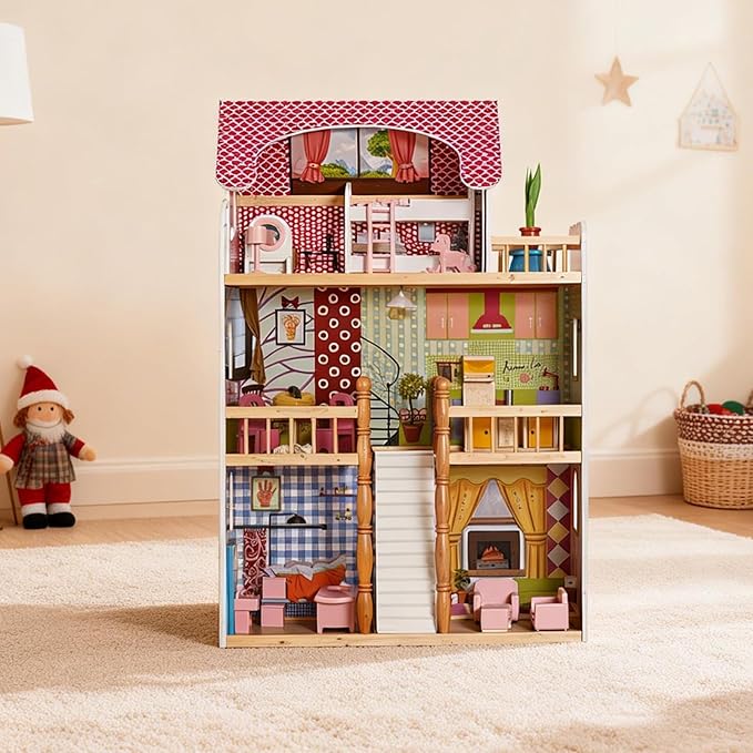 3 Story Wooden Doll Cottage with Balcony, Stairs & 14 Furniture Accessories | Large Multi-Level Dollhouse Playhouse for 5 Inch Dolls | Creative Educational Toy for Boys & Girls Ages 3+