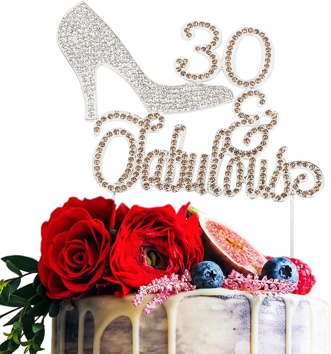 LINGTEER 30 Fabulous High Heel Silver Rhinestone Crystal Cake Topper Perfect for 30th Birthday Anniversary Party Keepsake Sparkle Decoration