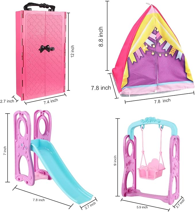 180 Piece Doll Wardrobe&Toy Folding Wardrobe - Includes Folding Wardrobe+Swing Slide+Tent+Stargazing Set with Rich Accessories Stimulate Children's Imagination and Creativity