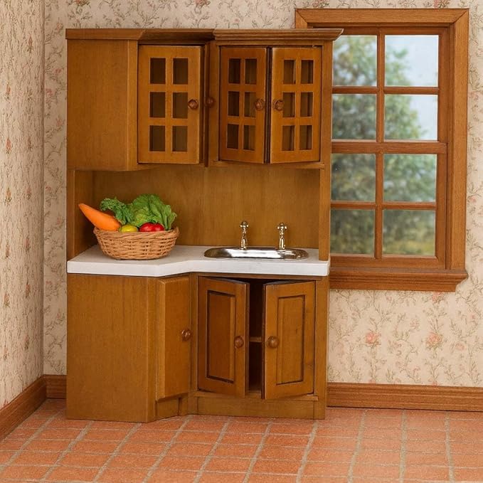 Dollhouse Kitchen Cabinets - 1/12 Scale Miniature Wooden Storage Pantry with Sink, Mini Modern for Corner Cooking Furniture Kitchen Accessories for Doll House Restaurant Decoration, Brown