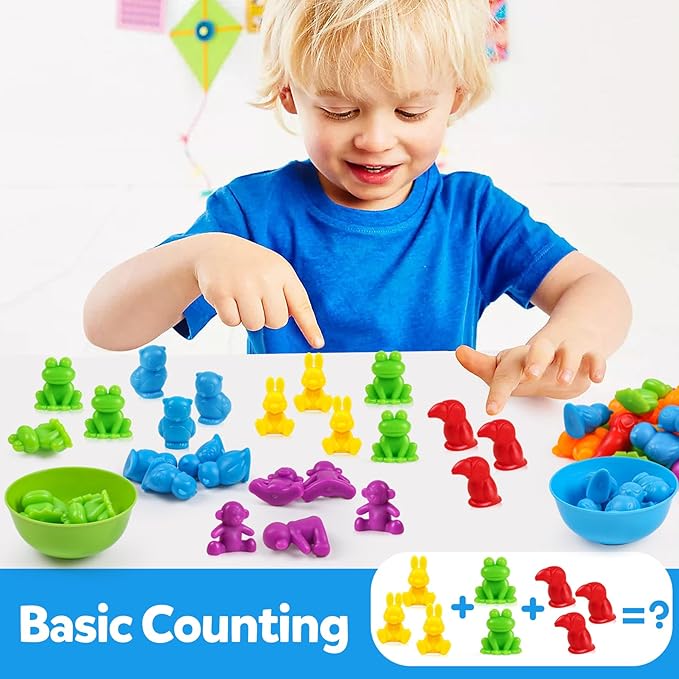 Counting Animals Toys Matching Game with Sorting Bowls Preschool Learning Activities Montessori Sensory Toys for Math Color Sorting, Party Favors Birthday New Year Gifts for Kids