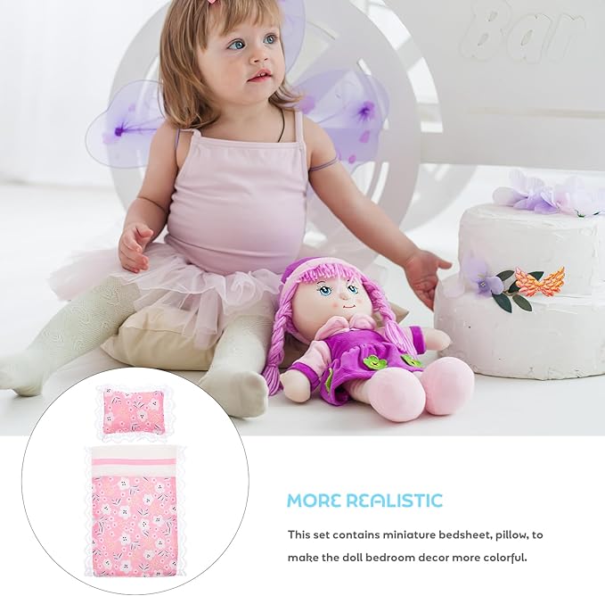Dollhouse Bedding Accessory Set - Minituare Bed Sheet & Pillow Set Realistic Dollhouse Bedroom Decoration Pink Mini Flower Lace Blanket for Fairy Garde Micro Scene, 6.68X4.72 Blanket