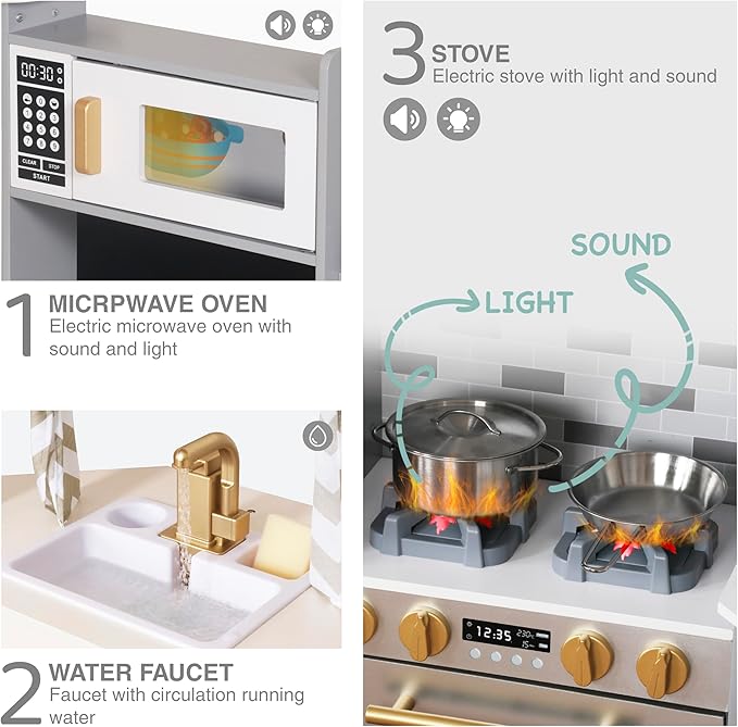 Large Wooden Corner Play Kitchen Sets with Ice Maker,Water Dispenser,Bread Maker,Washing Machine,Electronic Display,Toy Sink with Running Water,Stove with Light&Sounds, Birthday Gift for 3+