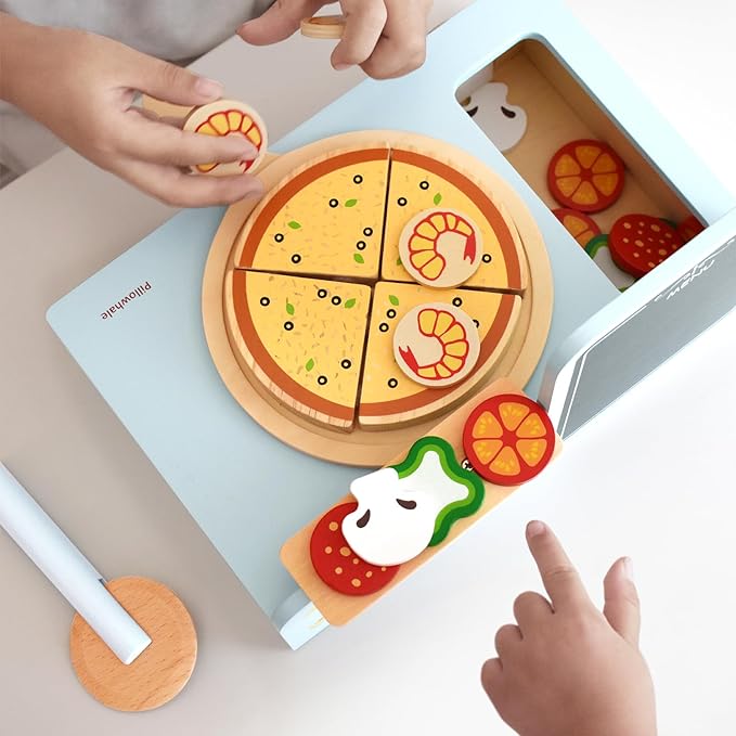 Pillowhale Wooden Pizza Play Set – 24 PCS Slice‑&‑Serve Pretend Play Pizza Toy, Hook‑and‑Loop Cutting, Montessori Kitchen Role Play, Wooden Play Food Gift for Toddlers Ages 3‑6
