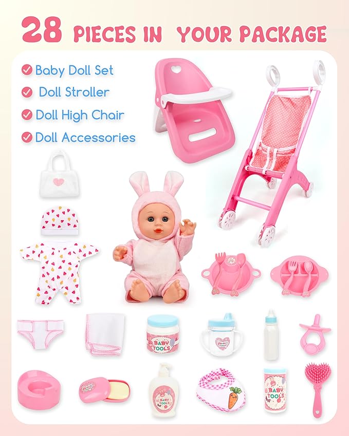 PLAYFULBAY Baby Doll Stroller Set, 28-Piece Playset with High Chair, 2 Doll Outfits & Accessories, Imaginative Role-Play Gift for Toddlers 1-5