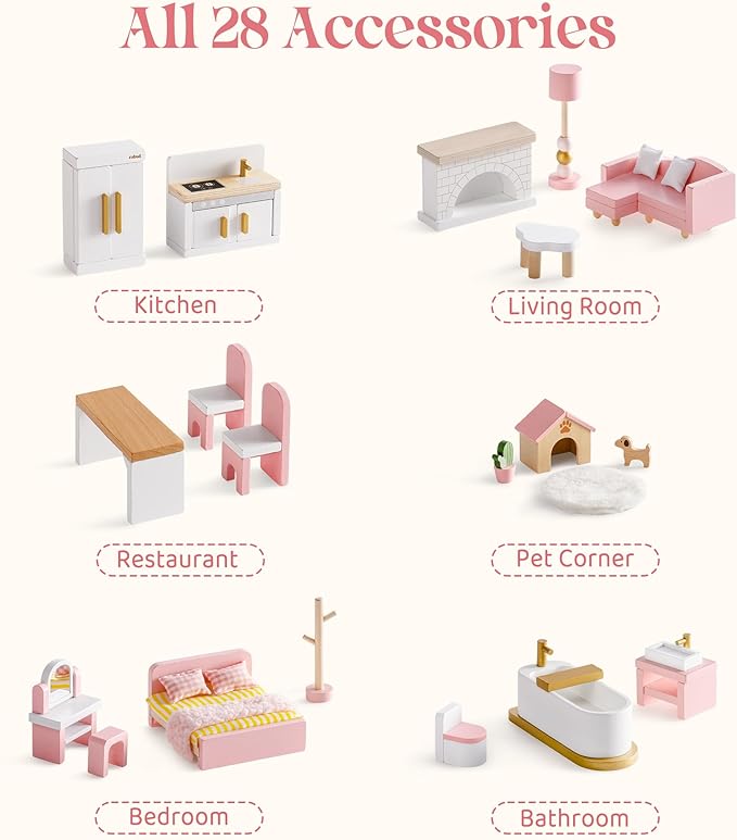 ROBUD Wooden Dollhouse Furniture Set, 28 Pcs Doll House Accessories, Miniature Furniture Including 6 Room Kits, Pretend Play Toys, Gift for Boys and Girls,3+