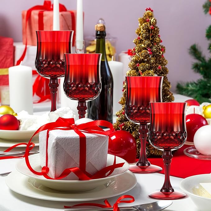 Pinkunn 24 Pcs 7 oz Plastic Vintage Wine Glasses Reusable Colored Goblets Patterned Drinking Water Glasses Cup Dishwasher Safe for Valentine's Day Wedding Reception Party Supplies (Red)