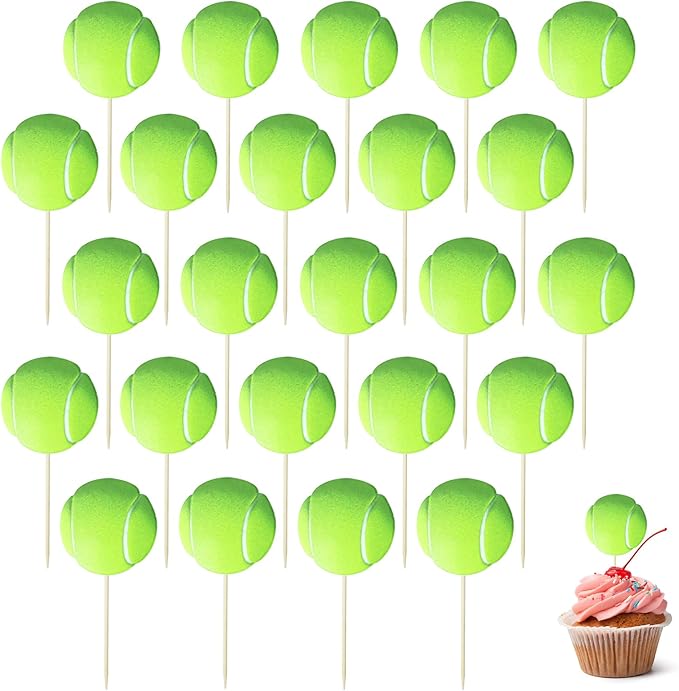 24 Pcs Tennis Cupcake Toppers,Sports Tennis Cupcake Cake Decorations Supplies,Tennis Theme Birthday Cake Topper,Tennis Birthday Party Decorations