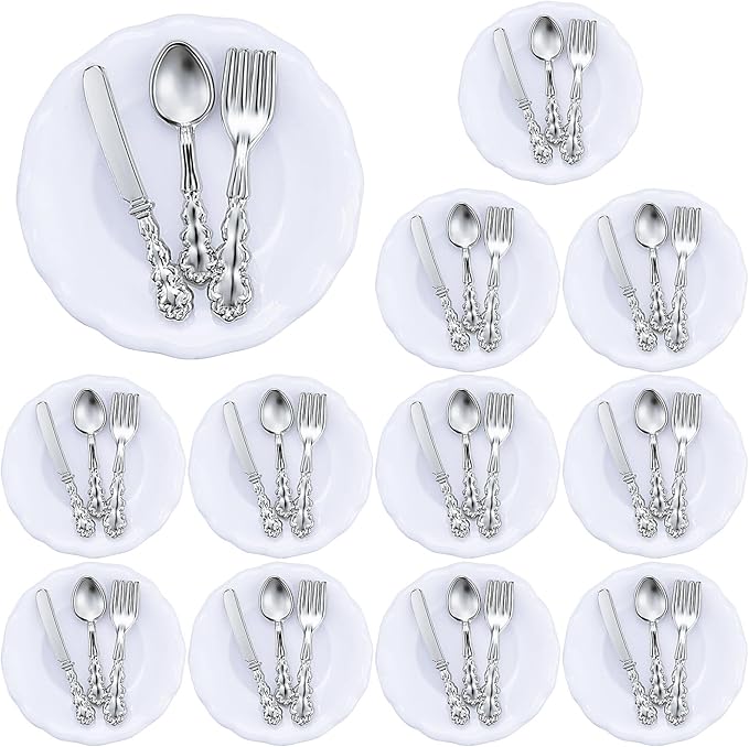 Skylety 8 Pieces 1: 12 Scale Minature Dollhouse Accessories Mini House Plates and 12 Spoons Knives Forks Metal Tableware Kitchen Accessories Miniatures Porcelain Plate Set Mini House Decoration