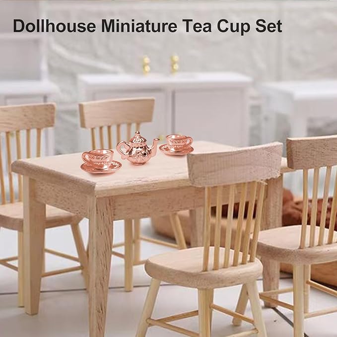 ‌3Pcs Miniature Tea Set Vintage Metal Teapot Coffee Cups, Dollhouse Kitchen Accessories, Tiny Coffee Shop Decor for Doll House Display
