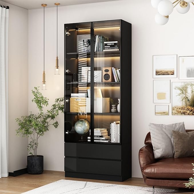 FAMAPY Display Cabinet with 2 Glass Doors and Lights, Display Case Cabinet with 4-Tier Storage Shelves and 2 Drawers, Pop-up Design, for Collectibles, Black (31.5”W x 14.2”D x 78.7”H)