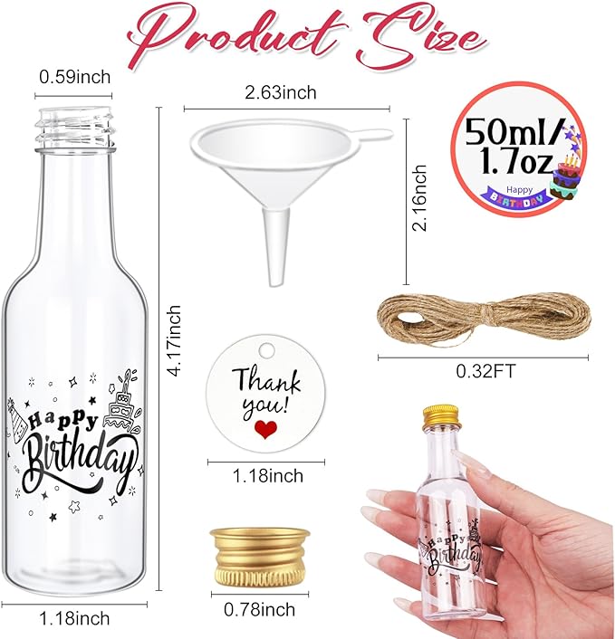 OurWarm 50 Pack Happy Birthday Mini Liquor Bottles, 1.7oz/50ml Empty Plastic Shot Bottles with Gold Screw Caps Funnels Tags & Twines for Juice Wine Alcohol Juicing Ginger Shots Birthday Party Favors