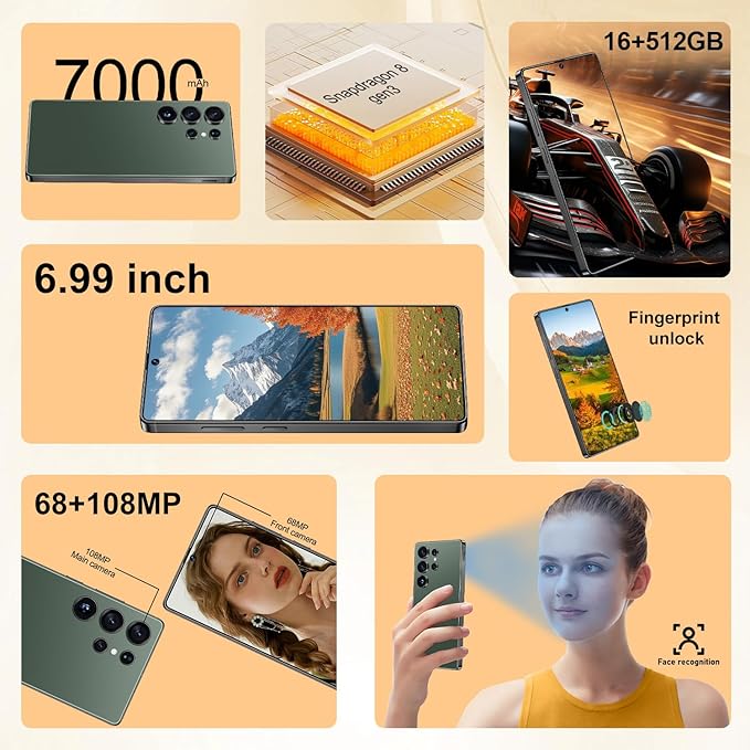 OEJBK I25 Ultra: Powerhouse 16GB/512GB, 2-Day 7000mAh Battery, Huge 6.99" Android 14 Phone w/Built-in Stylus - Your All-in-One Device The Superior Choice (Green)