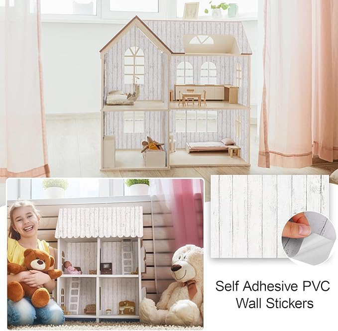 35 Pcs Miniature Dollhouse Wallpaper Self-Adhesive Mini DIY Floorboards Wall Paper Real Life DIY Decoration for Dollhouse (Wood Grain White)