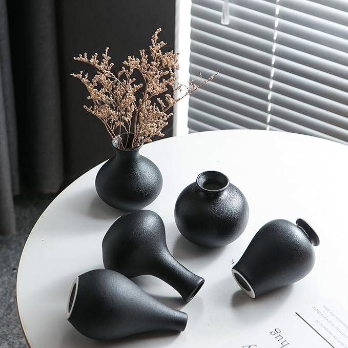 Small Black Vases, Ceramic Bud Vase Set of 5, Mini Pottery Vases for Pampas Grass, Flowers, Decorative Vases for Home Modern Decor, Rustic Decor, Veses for Living Room Dining Table Shelves