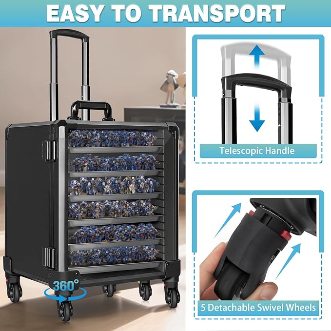 Miniatures Storage Case Miniatures Transport Case Aluminum Alloy Frame Display Case with Lock and Trolley (Large Size)