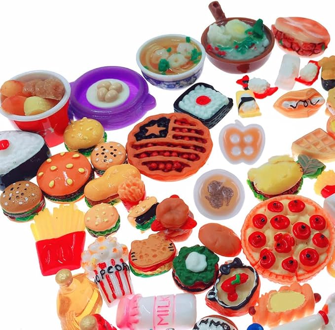 Miniature Food Drinks Toys 110pcs Mixed Resin Pizza Hamburgers French Fries Wine Decoration Tableware Doll house for Adults Childrens Pretend Play Kitchen Cooking Game Birthday Party Present