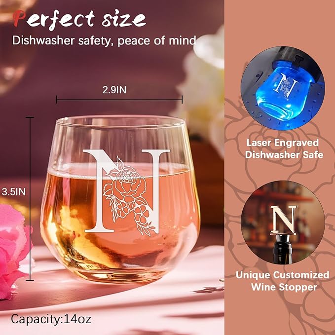 Personalized Gifts for Women, Monogrammed A-Z Wine Glass Customized Gift, Unique Christmas Birthday Gifts for Women Her Mom Friend Sister Wife Daughter Nurse - Dishwasher Safe (N)