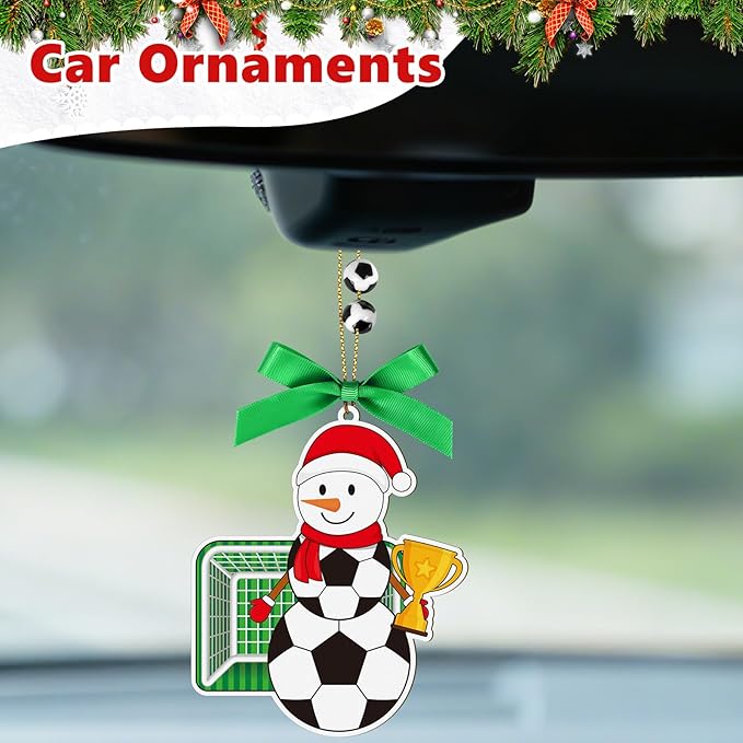 4.3 Inches Snowman Soccer Christmas Ornament, Wooden Soccer Snowman Tree Ornament Hanging Decoration for Rearview Mirror, Window, Eaves, Fireplace and Home Holiday Party Decor