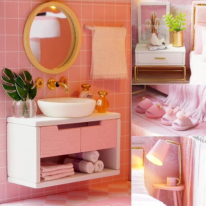 TuKIIE DIY Miniature Dollhouse Kit with Furniture, 1:24 Scale Creative Room Mini Wooden Christmas Doll House Accessories Plus Dust Proof & Music Movement for Kids Teens Adults(Meeting Your Sweet)