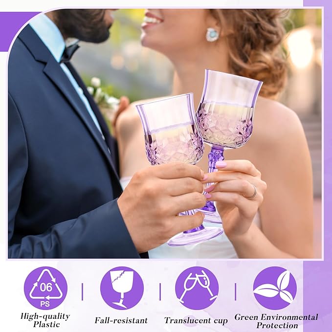 Pinkunn 12 Pcs 7 oz Plastic Vintage Wine Glasses Reusable Colored Goblets Patterned Drinking Water Glasses Cup Dishwasher Safe for Valentine's Day Wedding Reception Party Supplies (Purple)