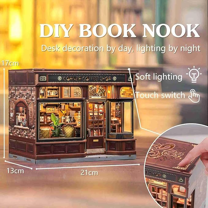 Fsolis Book Nook Kit - DIY Bookshelf Miniature Kit for Adults 3D Puzzle Booknook Bookstore Bookshelf Diorama Cafe Shop Tiny House with Cat, Craft Gifts for Women Book Lovers (Corner Coffee Shop)