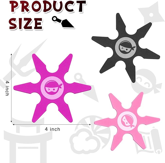 Chivao Ninja Foam Star Toys Small Throwing Foam Stars Throwing Toys Ninja Party Favors for Birthday Party Costume Accessory Halloween Cosplay, 4 Inch(24 Pcs,Dark Pink, Pink, Black)