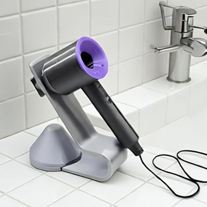 Miniature Hair Dryer Set with Stand & Nozzle – 1:12 Scale Realistic Dollhouse Bathroom, Bedroom Vanity, Miniature Beauty Styling Accessory, Hair Salon Decor, DIY Display & Collector Ornament (Purple)