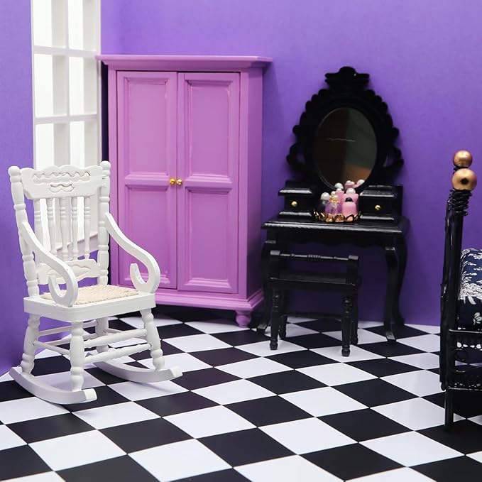 5Pcs 1:12 Dollhouse Wardrobe Furniture Set, Miniature Purple Openable Wardrobe, Dresser with Stool, Floor Lamp & Tiny Accessories for Bedroom Furniture