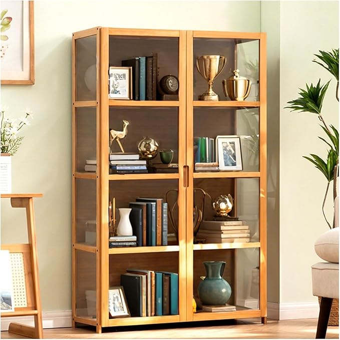 Curio Display Cabinet with Acrylic Doors for Collectibles Small Curio Cabinet 4 Tier 3 Tier Figures Display Case Toys Display Shelves Vitrina Storage Cabinet,Brown,4 Tier_Double Door