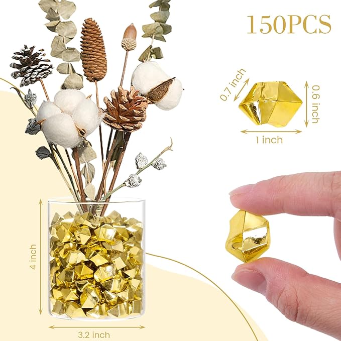 DomeStar 150PCS Gold Acrylic Ice Rocks – Faux Gold Gems Nuggets Vase Fillers for Christmas Centerpieces, Glitter Party Decorations, DIY Crafts & Table Scatter