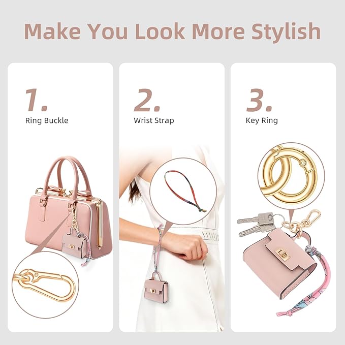 FENHIN Mini Backpack Keychain, Leather Small Coin Purse for Women, Cute Hand Bag Charms with Key Holder & Twist-lock (Pink)