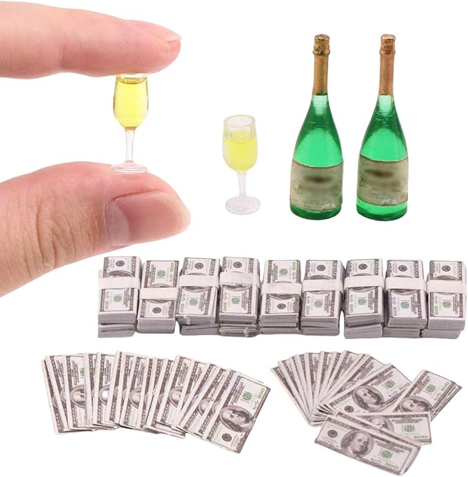 FTYHXP Miniatures Dollhouse 1 12 Scale Accessories 400 Pcs Tiny Money with 1 Set Miniature Champagne Bottles Set Model for Miniature Doll Accessories,Action Figure Props,DIY Craft Projects