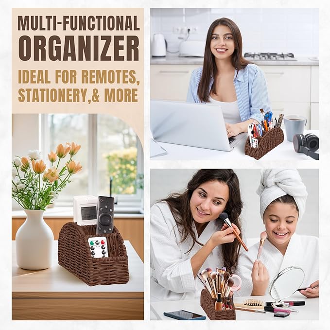 5-Compartment Remote Control Holder – Synthetic Rattan Organizer for TV Remotes, Makeup Brushes, Office Supplies, Stylish Wicker Desk Caddy for Living Room, Bedroom, Office, Patent Pending (Brown)