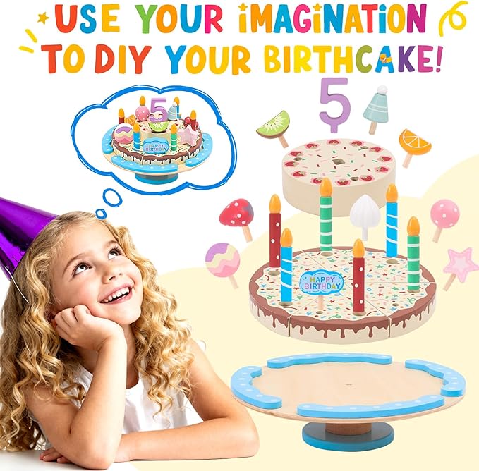 HAPGFS Wooden Birthday Cake Toy Set for Kids, Realistic Birthday Cake with Candles and Fruits for Pretend Play, Wooden Toys Educational Play Food for Birthday Parties and First Birthday Gifts for Kids