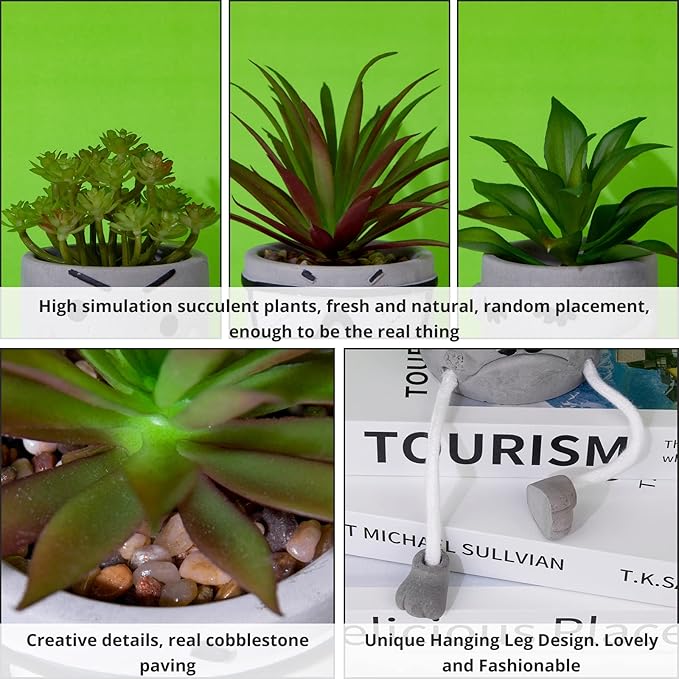 LUZOGA Set of 3 Artificial Succulents Potted Plants Faux Succulents Desk Decoration Fake Mini Plants in Grey Pots Faux Plants Kitchen Shelf Desk Decor Small Bathroom Decor for Shelves