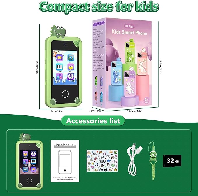 BEBESIRI Kids Camera Mini Smartphone Toy for Boys & Girls - 2.8" Touch Screen, 22 Learning Games, Dual Camera, Music Player, 32GB Card, Christmas Birthday Gift (Green Dinosaur)