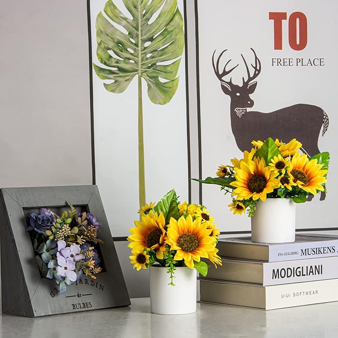 XONOR Artificial Flowers – 4Pcs Potted Mini Fake Sunflowers for Home Decor Party Wedding Office Patio Table Desk Decoration