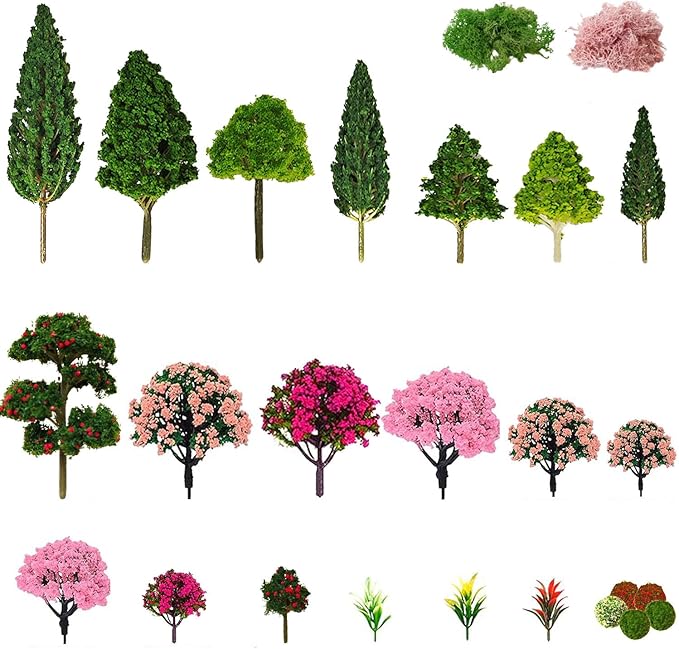 QuarenDen Mixed Model Trees, Model Train Scenery, 37Pcs, Miniature Trees with Moss for Building Model, Natural Green Landscape, Railroad Scenery