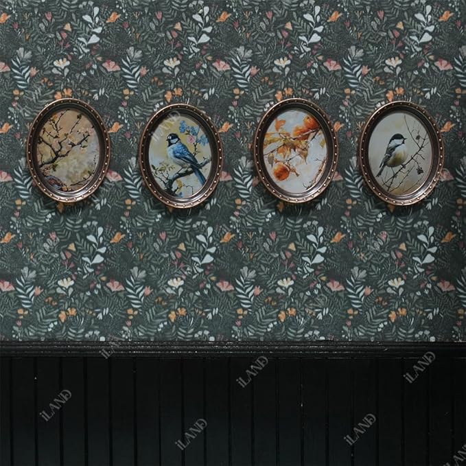 iLAND 1/12 Scale Accessories, 4 Dollhouse Picture Frames w/ 4 Paintings (Flowers & Birds)
