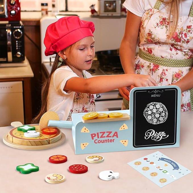 Pillowhale Wooden Pizza Play Set – 24 PCS Slice‑&‑Serve Pretend Play Pizza Toy, Hook‑and‑Loop Cutting, Montessori Kitchen Role Play, Wooden Play Food Gift for Toddlers Ages 3‑6