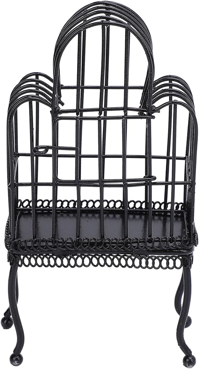 1:12 Scale Dollhouse Bird Cage Metal Miniature Bird Cage Realistic Opening Door Miniature Dollhouse Bird Cage with Fake Grass Bird Sticker (Black)